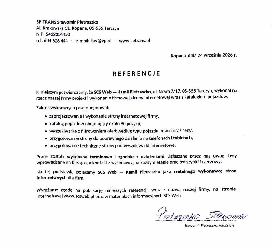 Podpisane referencje od firmy SP Trans dla SCS Web