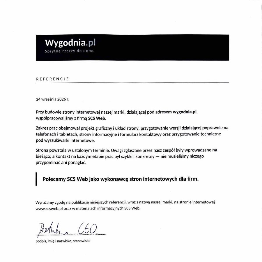 Podpisane referencje od firmy Wygodnia.pl dla SCS Web